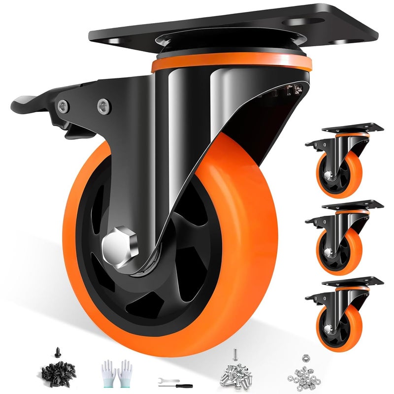 TAYLOON 5 Inch Caster Wheels with Safety Brake 2400Lbs, Heavy Duty Casters Set of 4, Industrial Swivel Casters with Double Ball Bearings, Polyurethane No Noise Wheels for Cart,Furniture(Hardware Include) - Image 1